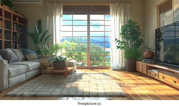 A bright and airy living room with a large window looking out onto a lush green landscape.