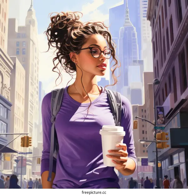 A young woman is walking down a crowded street in a city