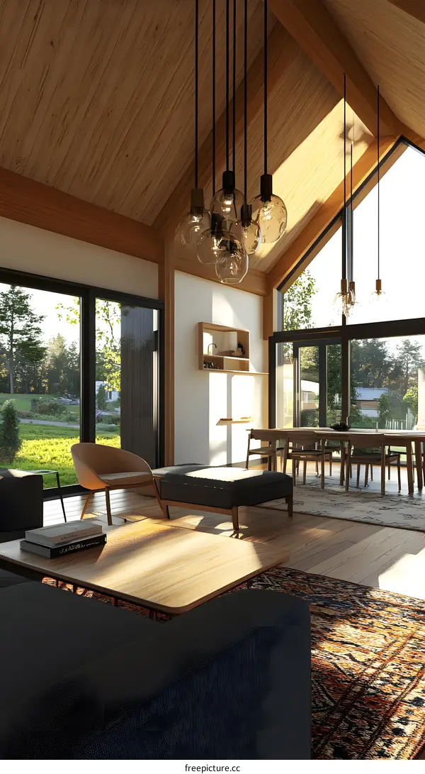 Modern Living Room Interior Design With Wooden Ceiling Beams