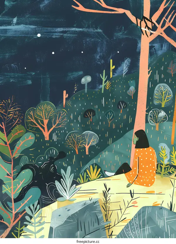 Woman Sitting in a Forest with a Night Sky