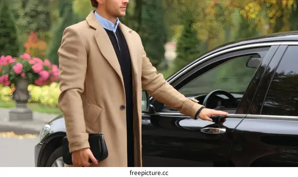 Man Opens Car Door in Park Setting