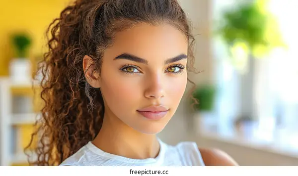 Closeup Portrait of a Beautiful Woman with Curly Hair