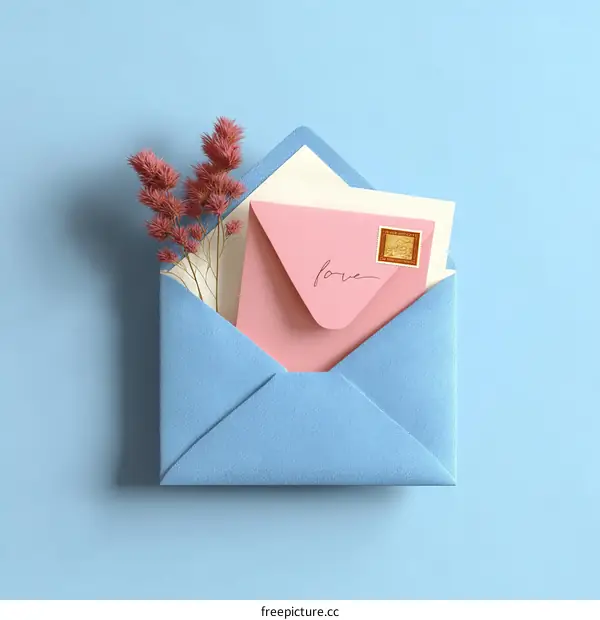 Pink Envelope with Love Letter and Flowers