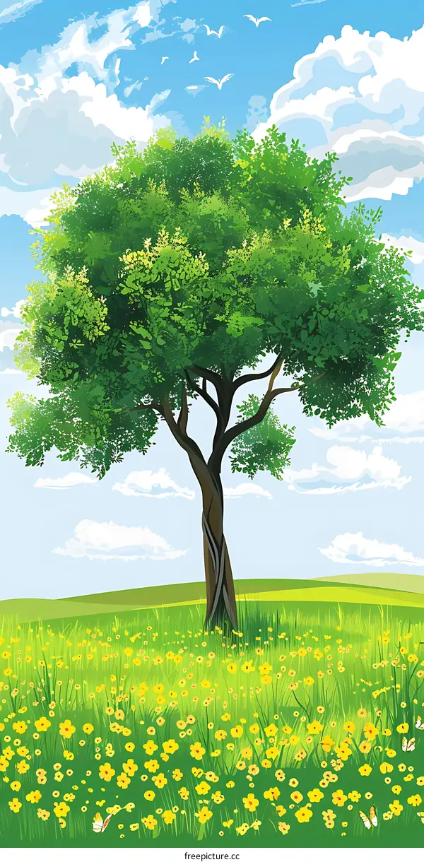 Green Tree in Spring Meadow with Yellow Flowers and Blue Sky