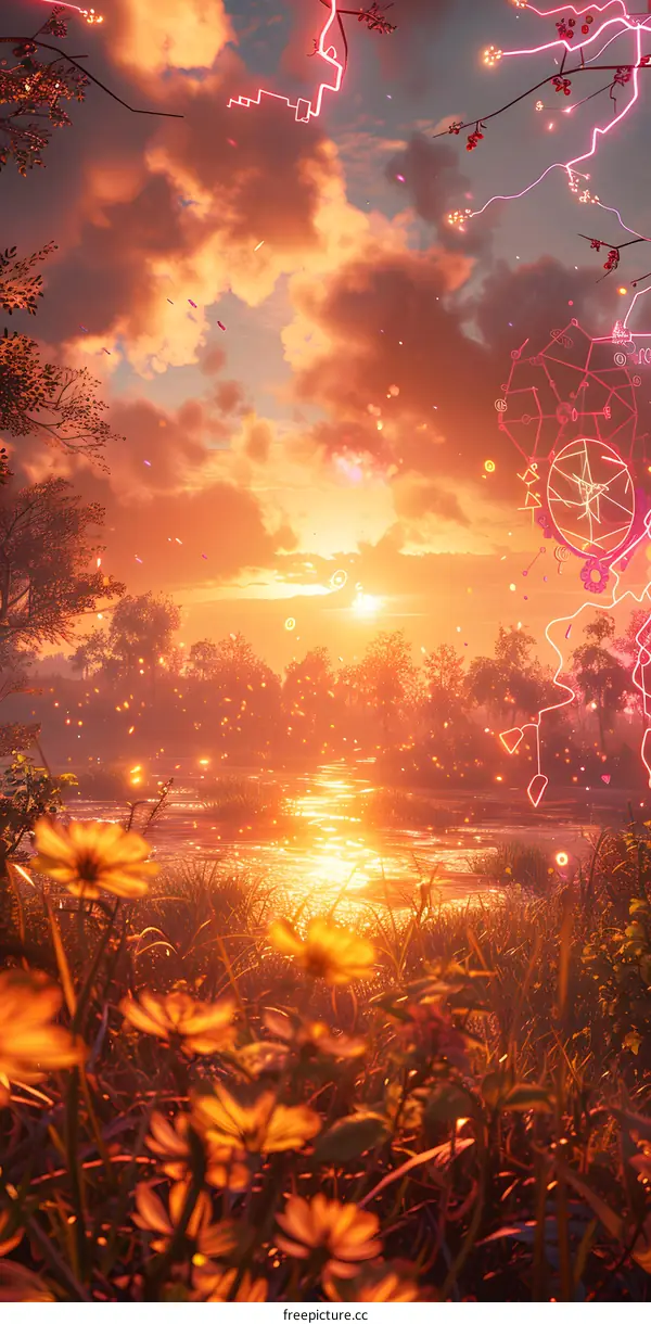 Fantasy landscape with glowing symbols and flowers