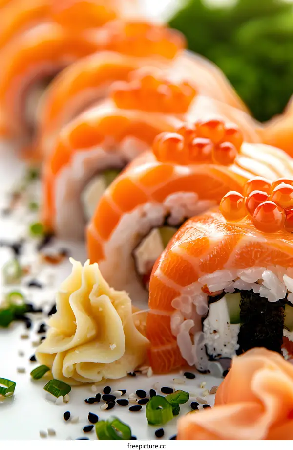 A plate of sushi with salmon, avocado, and tobiko