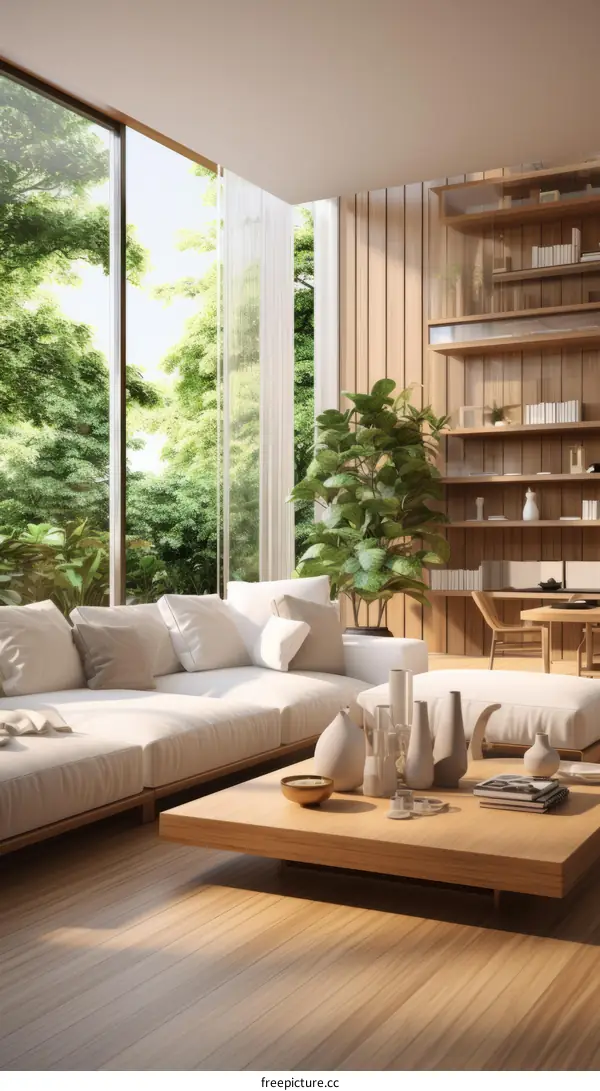 Elegant living room interior with large windows and wooden bookshelf