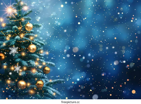 Christmas tree with golden balls and lights on blue background