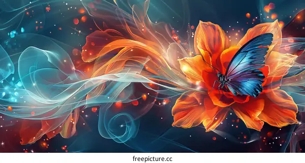 A blue butterfly rests on an orange flower, with red flames and blue water flowing around the flower