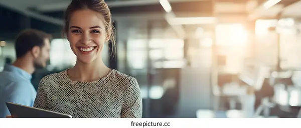 Happy Business Woman Holding Tablet In Office