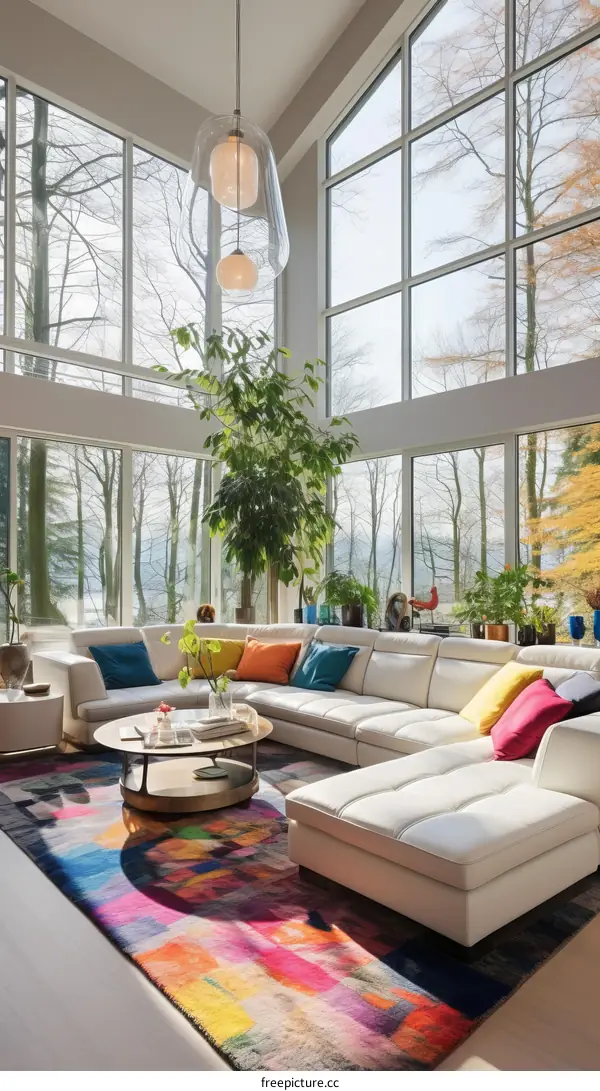Modern living room interior with large windows and colorful rug