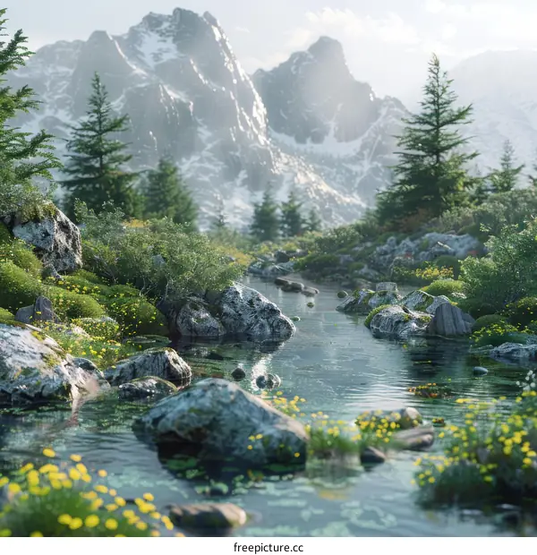 Mountain River with Rocks and Wildflowers