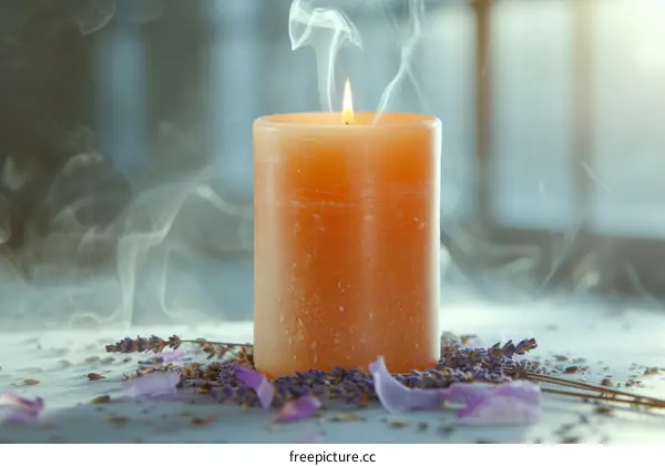 Close-up of a burning candle with lavender flowers