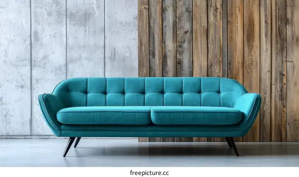 Teal Sofa in Modern Living Room with Concrete and Wood Walls