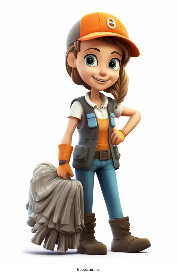 3D illustration of a female janitor holding a mop