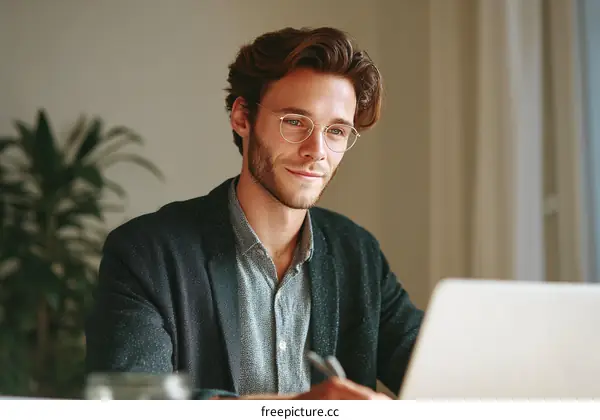 Focused Caucasian Man Working on Laptop