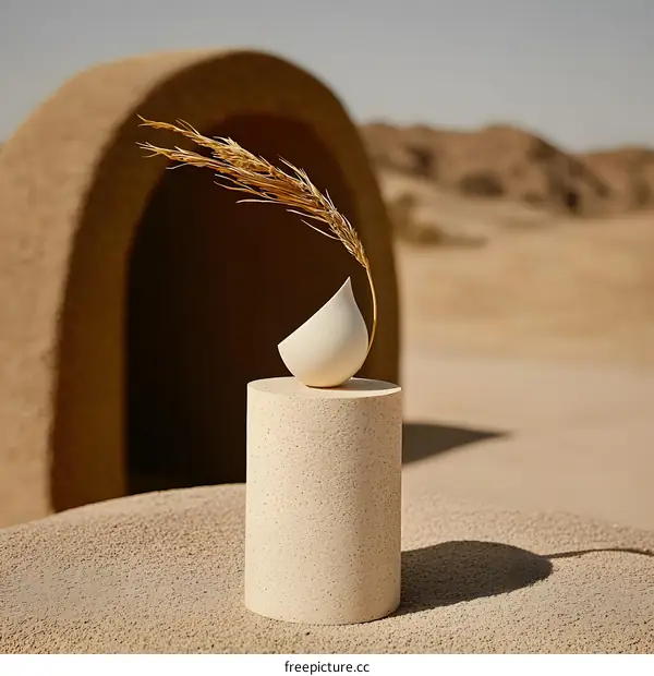 White Ceramic Vase with Wheat Stalks in Desert Setting