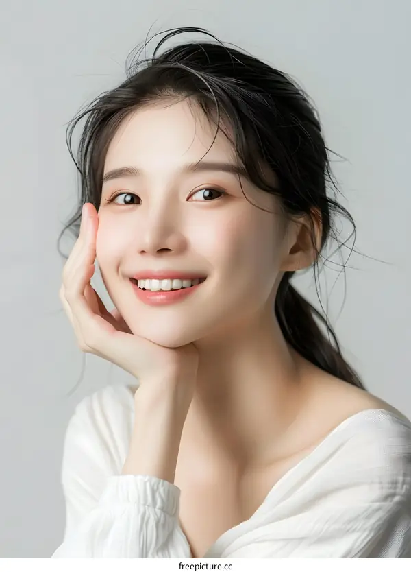 Smiling Asian Woman Portrait with White Background