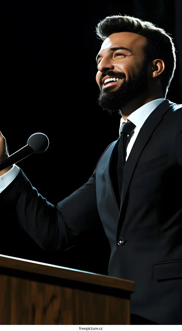 Smiling Man Holding a Microphone at Podium