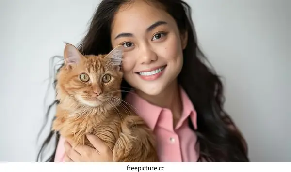 A young Asian woman is smiling and hugging an orange cat.