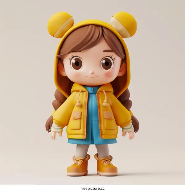 Cute 3D Cartoon Character of a Girl Wearing a Yellow Hoodie