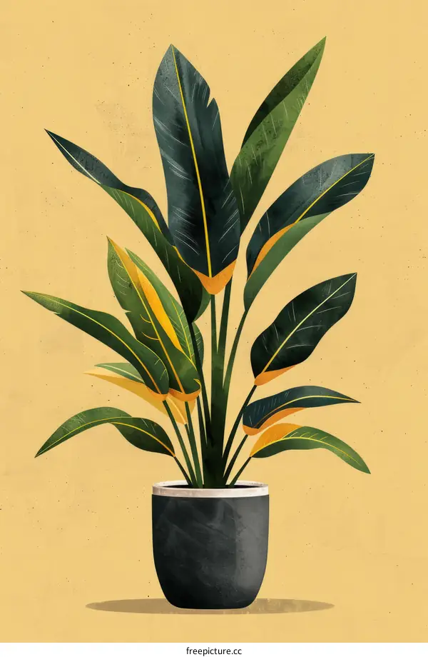 A Bird of Paradise plant in a pot with a mustard background