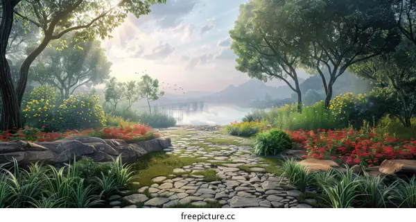 Stone Path Winding through a Landscape of Mountains and a Lake