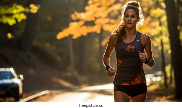 A young woman running on a country road