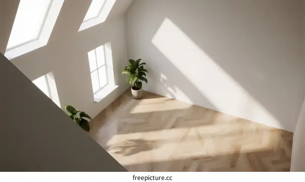 Bright and airy room with large windows and potted plants