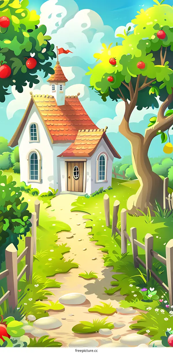 Cartoon Style Illustration of a Small White House with Red Roof in a Garden Setting