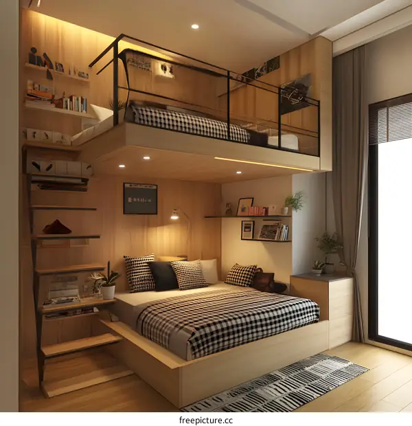 Modern Loft Bedroom Design with Wooden Walls and a Loft Bed
