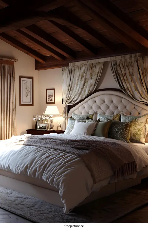 Cozy Bedroom with Wooden Beam Ceiling and Elegant Bed