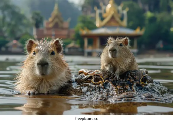 Two capybaras on a crocodile in a river with a temple in the background