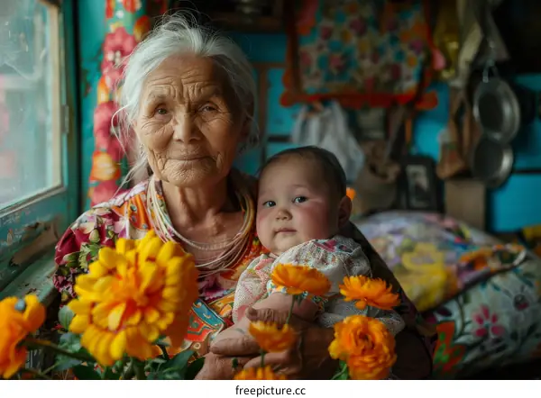 Grandmother and Baby in a Colorful Home