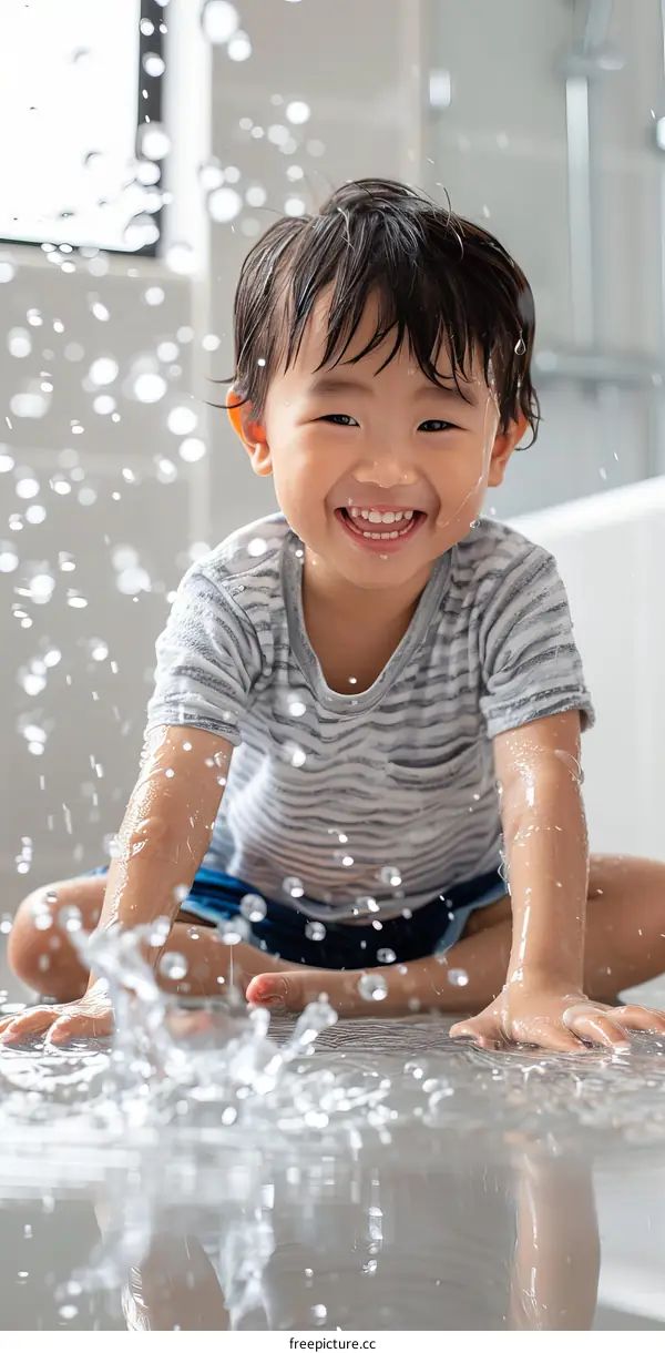 Asian toddler boy playing with water on floor