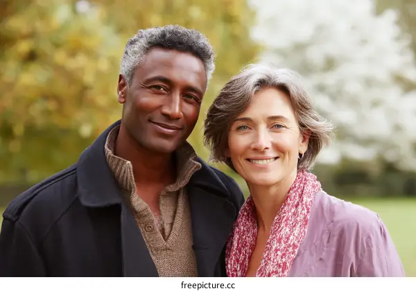 Two middle-aged people standing together in a park