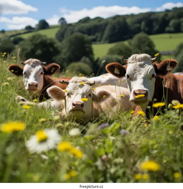 Three cows lying in a green field looking at the camera