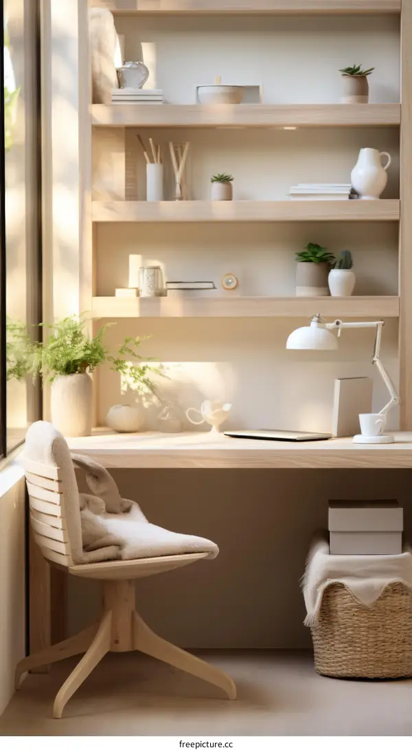 Minimalist Home Office with Large Wooden Desk and Comfortable Chair