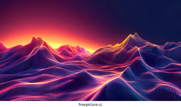 Retro neon glowing purple blue pink mountain landscape
