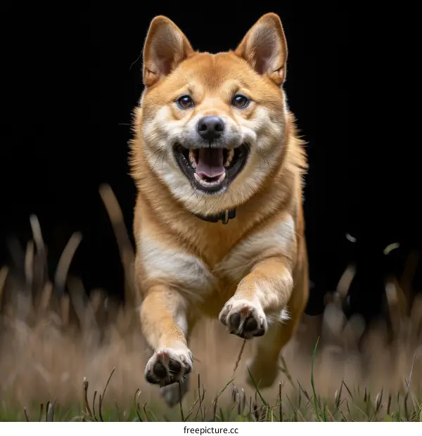 A happy Shiba Inu dog running in mid-stride on a grassy field with a dark background