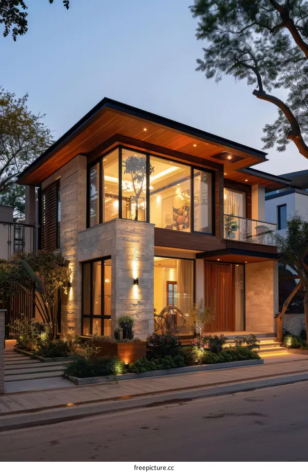 Modern Two-Story House Exterior at Dusk
