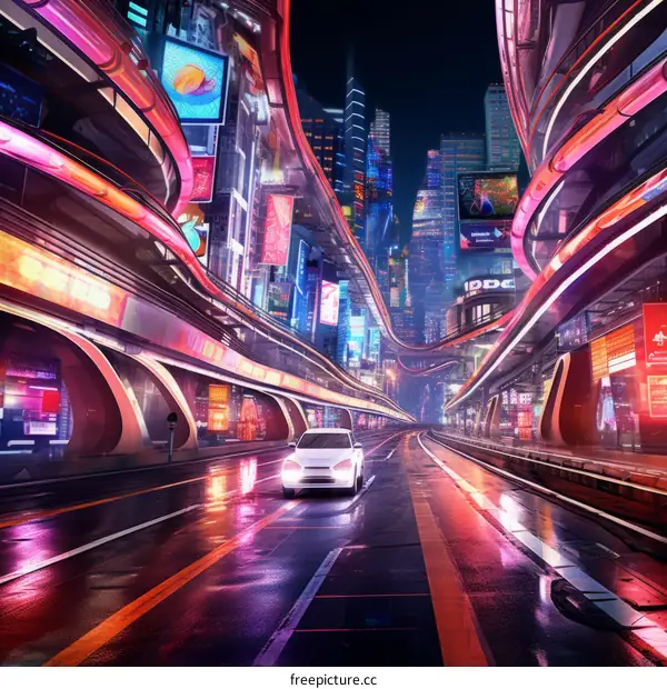 futuristic city street with neon lights and self-driving cars
