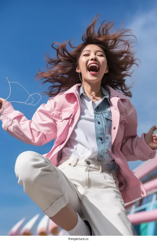 A young Asian woman is jumping in the air while listening to music.