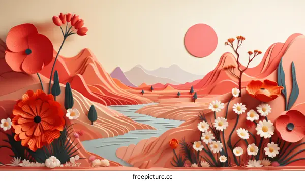 Vibrant Minimalist Landscape in Pink and Red