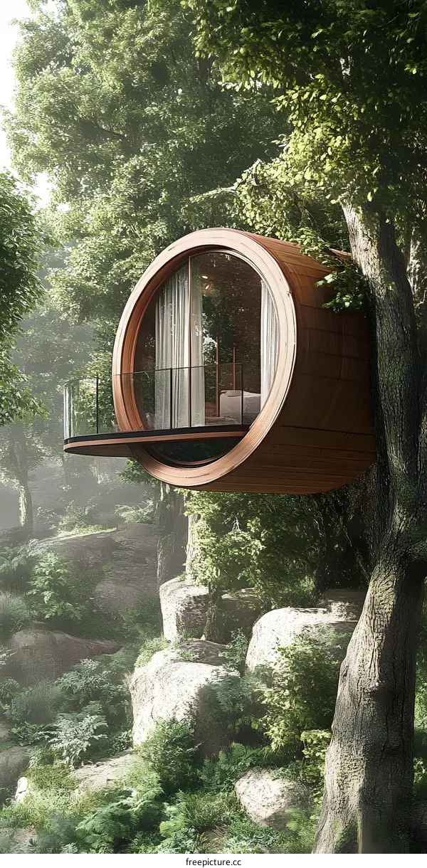 Round Wooden Treehouse Cabin In Forest