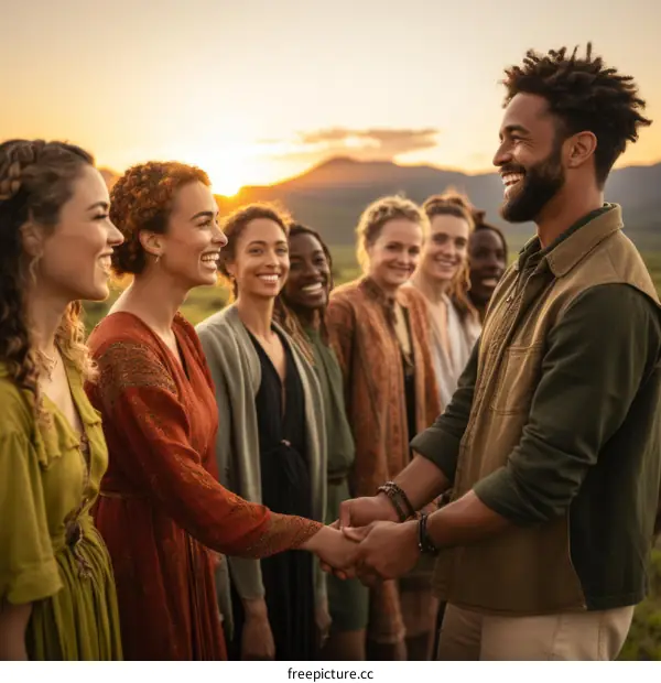 A group of diverse people holding hands and smiling at each other
