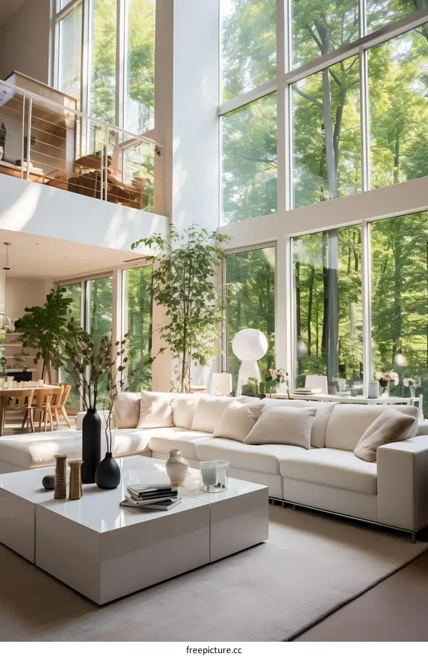 Modern living room interior with large windows and forest view