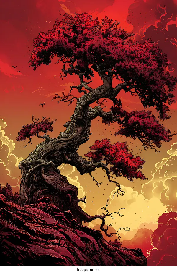 Red Tree Illustration With a Twisted Trunk