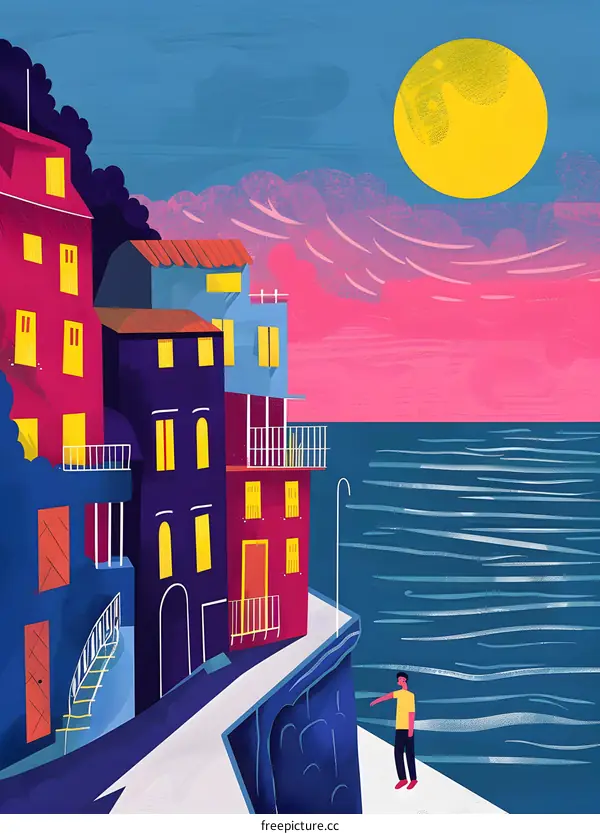 Colorful Buildings and a Man Standing on the Cliff