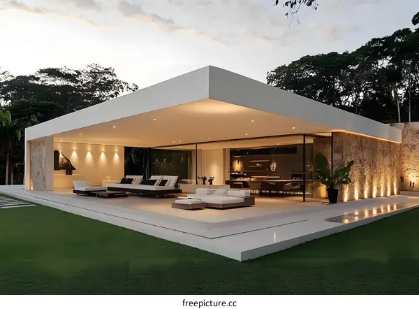 Modern Minimalist House with Stone Wall and Glass Doors